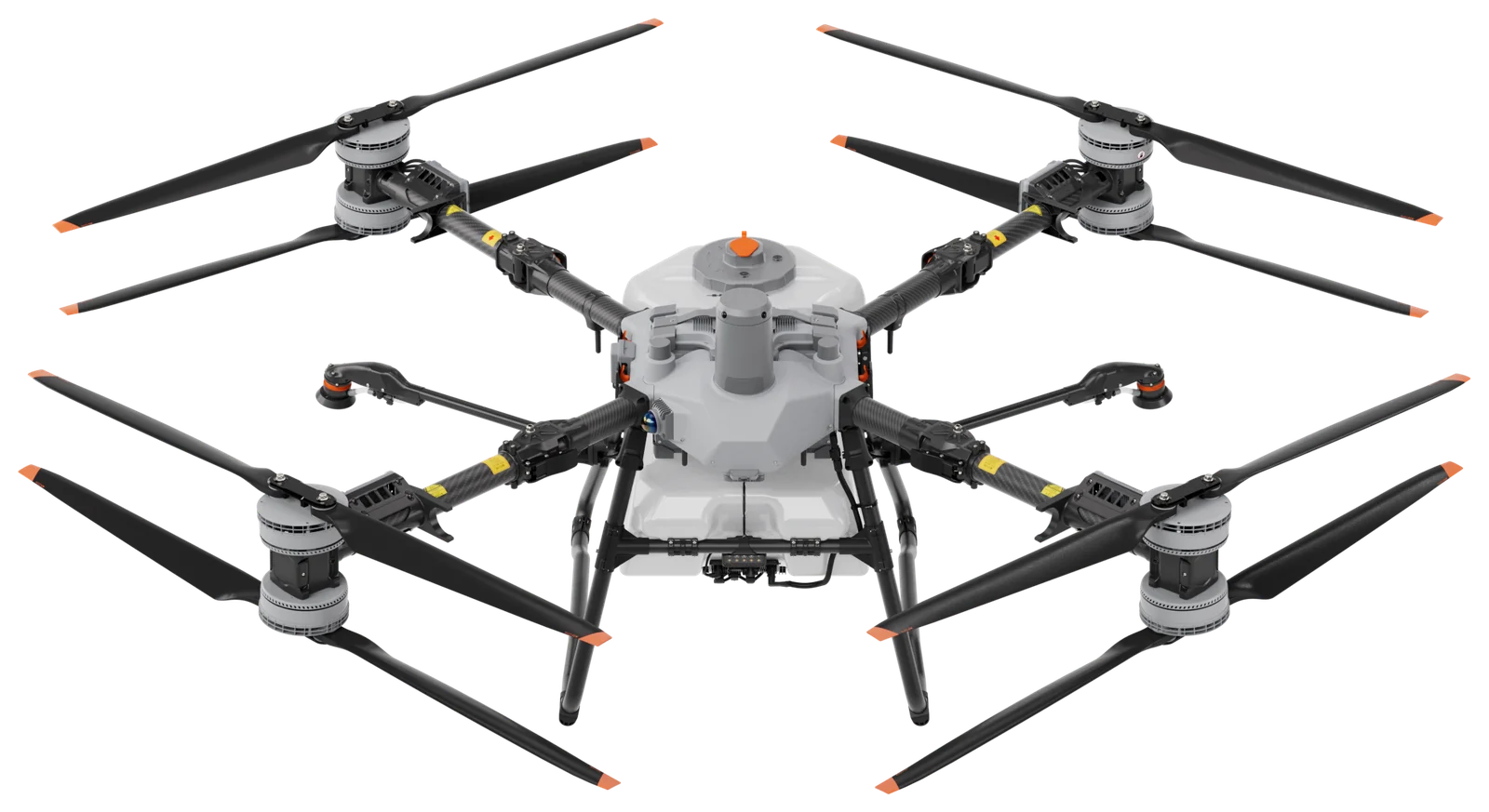 Drone pulverizador DJI Agras T100 visto de três quartos, com os oito rotores e o tanque.